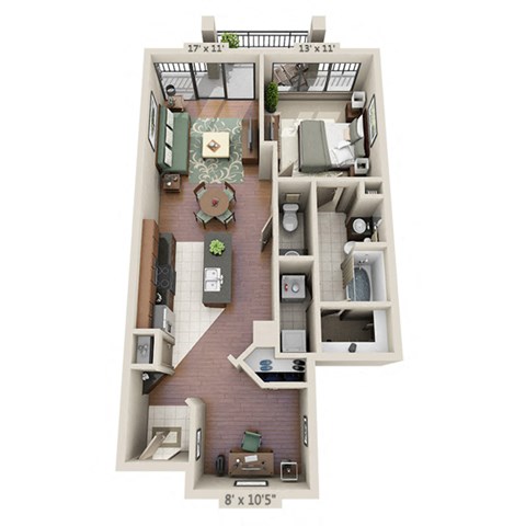 Floor plan for 1 bed, 1 bath, 947 sqft